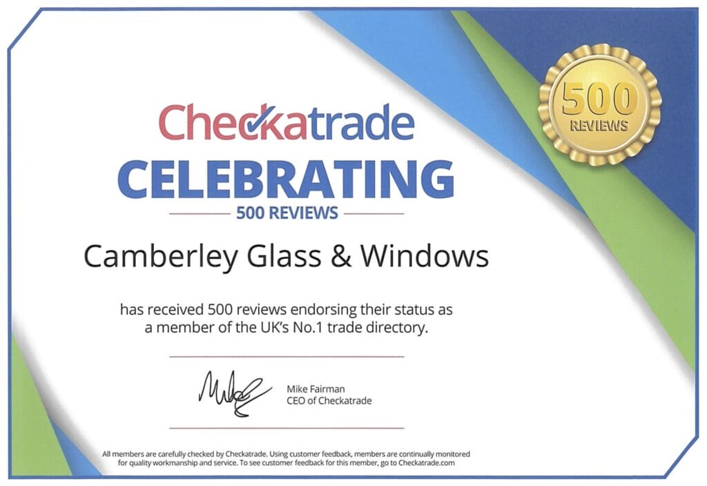 Checkatrade celeberating 500 reviews of Camberley Glass & Windows